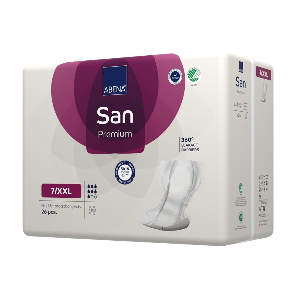Schräg seitliche Ansicht der Abena San Premium 7/XXL Verpackung mit betonter 360°-Auslaufschutzfunktion.