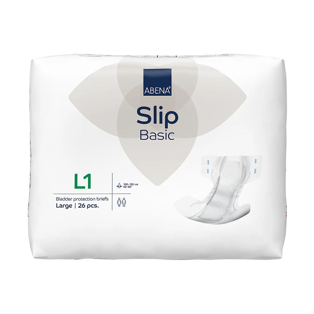 Bild eines Abena Slip Basic L1, einem saugfähigen Inkontinenzprodukt für Erwachsene. Der Slip ist in der Farbe Weiß gehalten und zeigt eine seitliche Ansicht. Er liegt flach und entfaltet, um die Form und Struktur zu verdeutlichen. Die Oberfläche ist weich und atmungsaktiv, was eine hohe Bequemlichkeit gewährleistet. Der Slip hat elastische Bündchen, die eine optimale Passform und Sicherheit bieten.