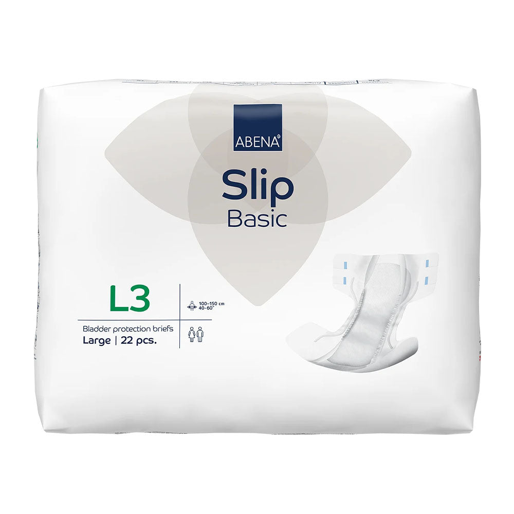 Abena Slip Basic L3, ein weicher, saugfähiger Einweg-Inkontinenzslip für Erwachsene. Weißes Produkt mit einem Aufdruck von Abena-Logo und zusätzlichen Informationssymbolen auf der Vorderseite. Die seitlichen elastischen Bänder sorgen für eine bequeme Passform und Bewegungsfreiheit. Die Innenseite zeigt eine weiche, atmungsaktive Oberfläche für hohen Tragekomfort. Der Saugkern ermöglicht eine zuverlässige Flüssigkeitsaufnahme.