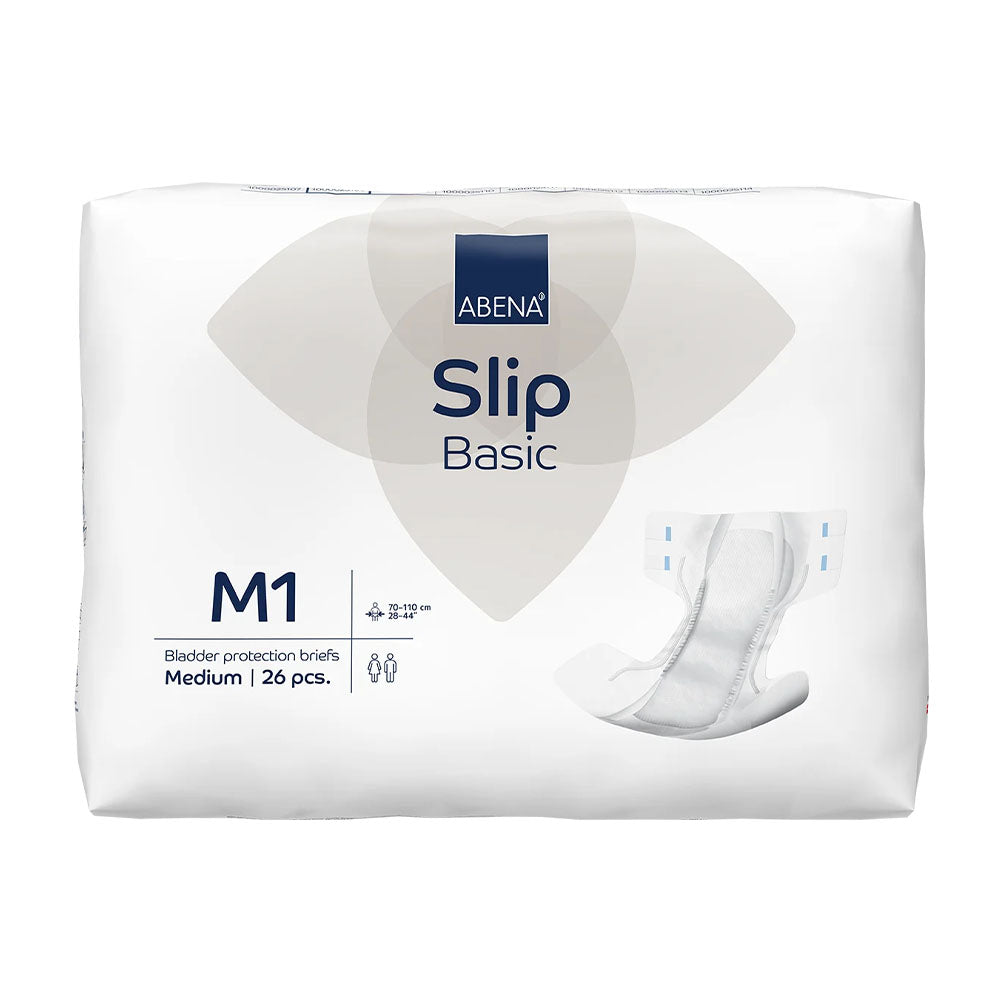 Ein Produktbild zeigt eine Abena Slip Basic M1 Windel für Erwachsene, hellblau und in einer packungsweisen Präsentation. Die Windel ist in der Mitte des Bildes platziert, umgeben von einem weißen Hintergrund, der ihre Form und Details klar hervorhebt. Die Windel hat einen breiten, elastischen Bund und ist aus einem weichen, atmungsaktiven Material gefertigt. Auf der Verpackung sind die Produktbezeichnung sowie wichtige Merkmale in mehreren Sprachen abgebildet.