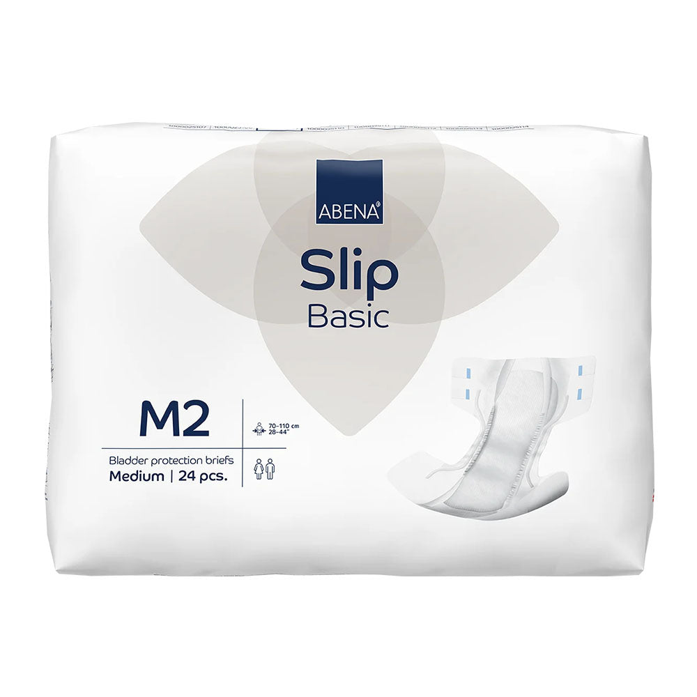 Abena Slip Basic M2 ist ein hochwertiger Inkontinenzslip für Erwachsene, präsentiert auf einem neutralen Hintergrund. Das Produkt zeigt eine weiche, atmungsaktive Außenschicht und eine großzügige Passform. Auffällige Markierungen und Beschriftungen informieren über die Größe und die Saugfähigkeitstufen. Der Slip ist ungetragen, die Dämmung ist sichtbar, um Flexibilität und Komfort zu gewährleisten. Praktische Seitenteile sorgen für einen sicheren Halt.