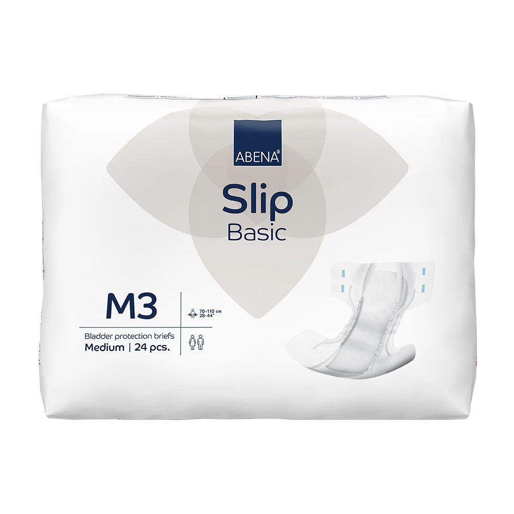 Auf dem Bild ist eine Packung mit Einweg-Inkontinenzslips der Marke Abena zu sehen. Die Verpackung ist in hellem Blau gehalten und trägt die Bezeichnung "Abena Slip Basic M3". Auf der Vorderseite befinden sich zusätzlich Informationen zur Größe, den Produktspezifikationen und einem Grafiksymbol, das die Eignung des Produkts verdeutlicht. Der Hintergrund ist einfach gehalten, wodurch das Produkt im Vordergrund klar zur Geltung kommt.