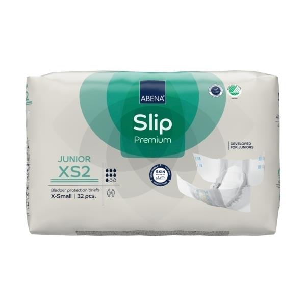 Frontalansicht der Verpackung der Abena Slip Premium Junior XS2 mit Produktabbildung und Informationen zur Größe und Stückzahl.