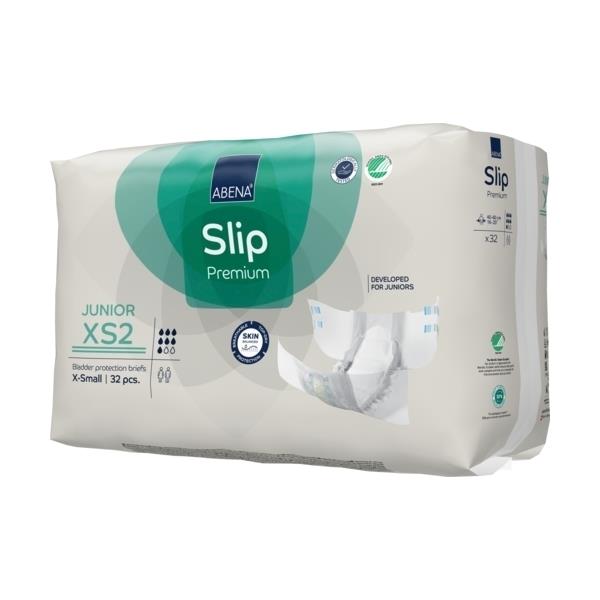 Schräg-vordere Ansicht der Verpackung der Abena Slip Premium Junior XS2 mit Sicht auf Logos, Siegel und geöffneter Windel.