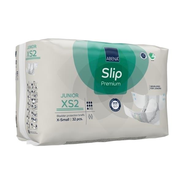 Seitliche Perspektive der Abena Slip Premium Junior XS2 Verpackung mit Anwendungssymbolen und Windelabbildung.