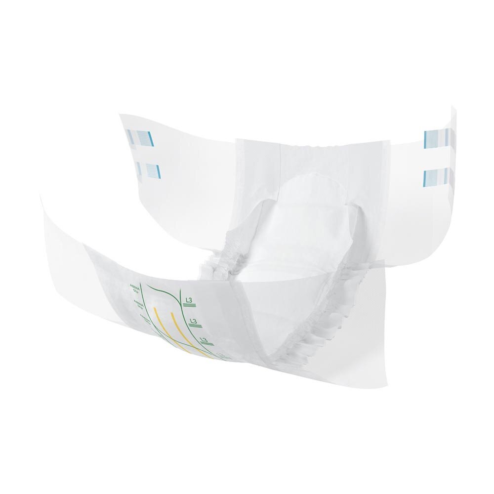 Abena Slip Premium L3 Inkontinenzwindeln - Produktbild zeigt eine Packung Inkontinenzwindeln in ansprechendem Design. Die Vorderseite der Verpackung ist in sanften Farben gehalten mit einer klaren Beschriftung "Abena Slip Premium L3" und Informationen zur Saugstärke. Das Produkt wird als sicher und komfortabel beworben. Der Hintergrund ist neutral, um die Packung hervorzuheben.