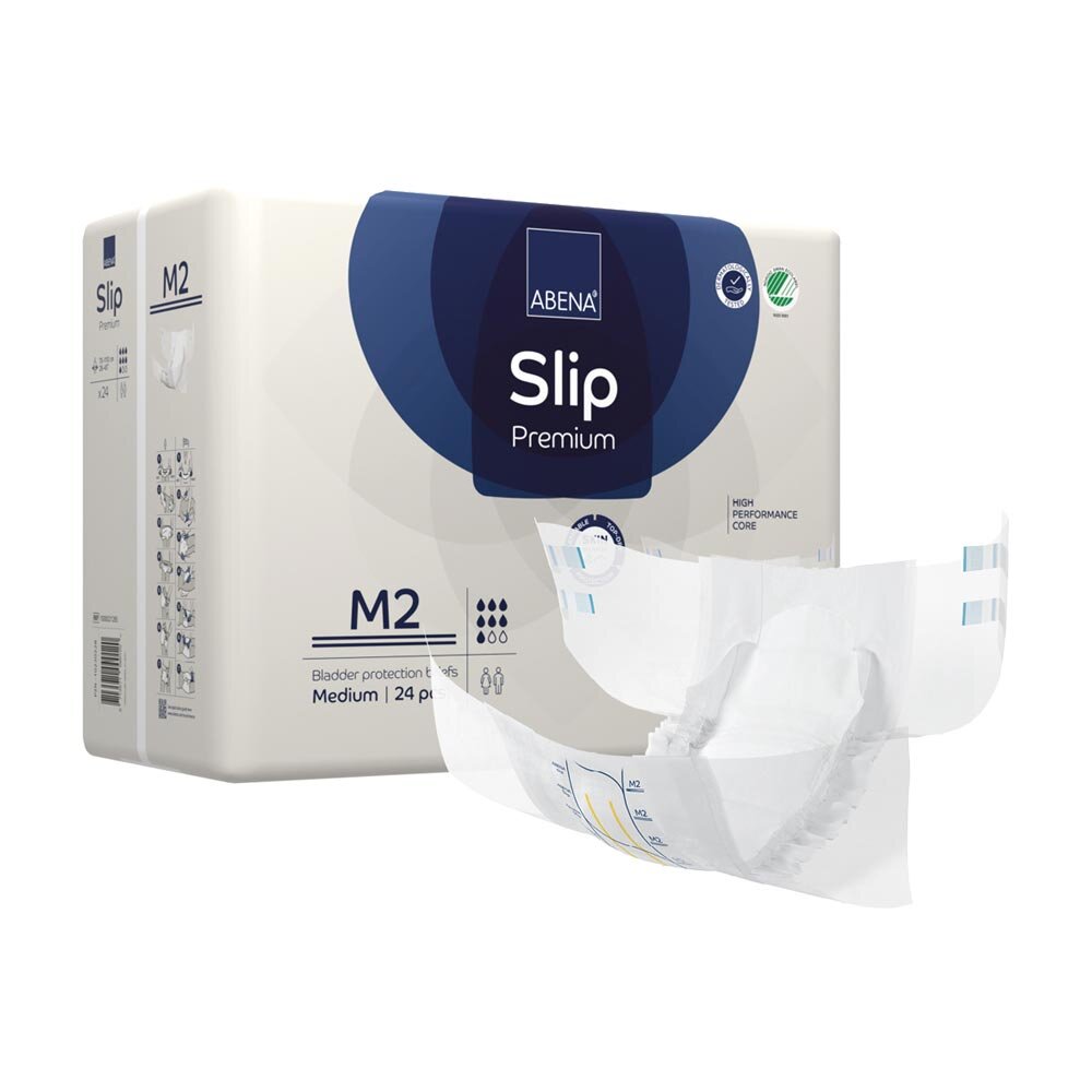 Ein Produktbild von Abena Slip Premium M2 Inkontinenzwindeln, die in einer Packung präsentiert werden. Die Windeln sind weiß mit einer blauen Markierung, die das Produktdesign kennzeichnet. Sie sind für Erwachsene gedacht und bieten hohe Saugfähigkeit sowie Komfort. Die Verpackung zeigt auch wichtige Informationen wie die Größe und das Saugvolumen. Der Hintergrund ist neutral, um die Windeln hervorzuheben.