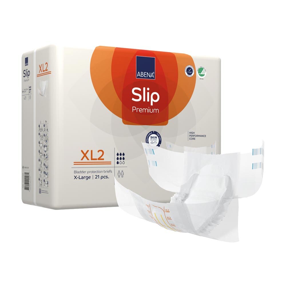 Schrägansicht der Verpackung der Abena Slip Premium XL2 Inkontinenzwindeln mit geöffneter Windel im Vordergrund.