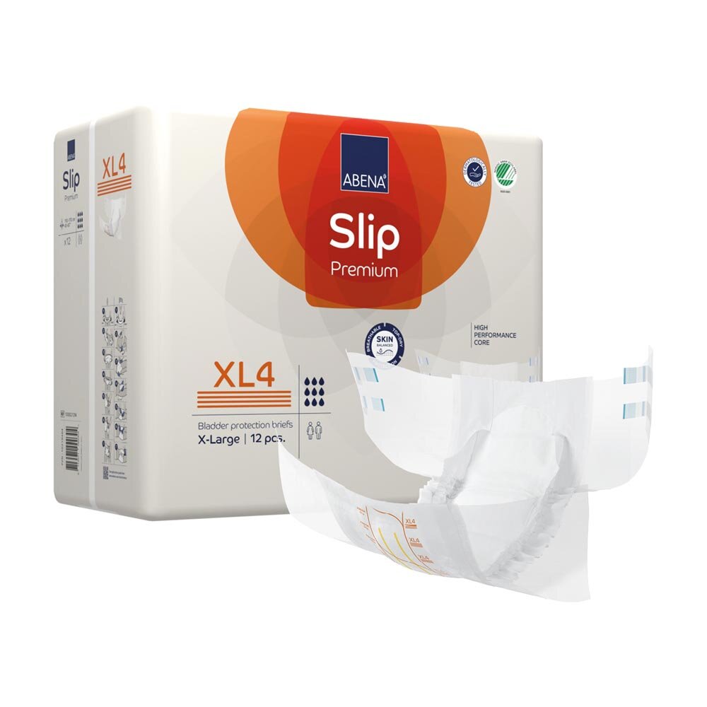 Schrägansicht der Verpackung der Abena Slip Premium XL4 Inkontinenzwindeln mit geöffneter Windel im Vordergrund.