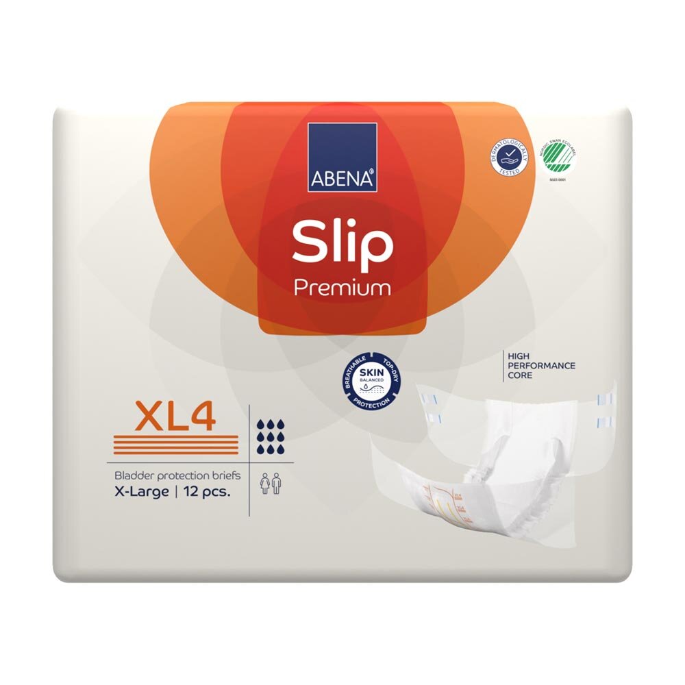 Frontalansicht der Verpackung der Abena Slip Premium XL4 Inkontinenzwindeln mit Produktbezeichnung und Saugstärke.