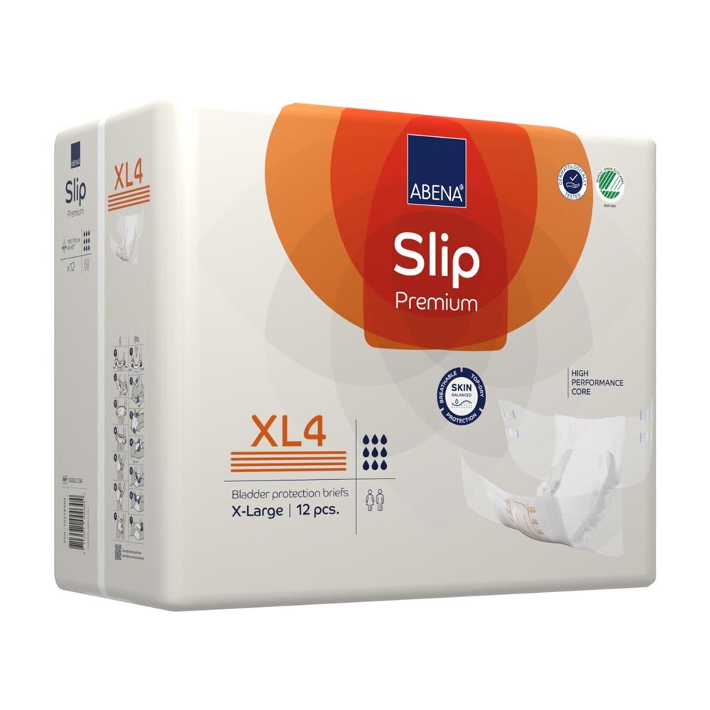 Schräg seitliche Ansicht der Abena Slip Premium XL4 Verpackung mit Anwendungshinweisen und Abbildung der Windel.