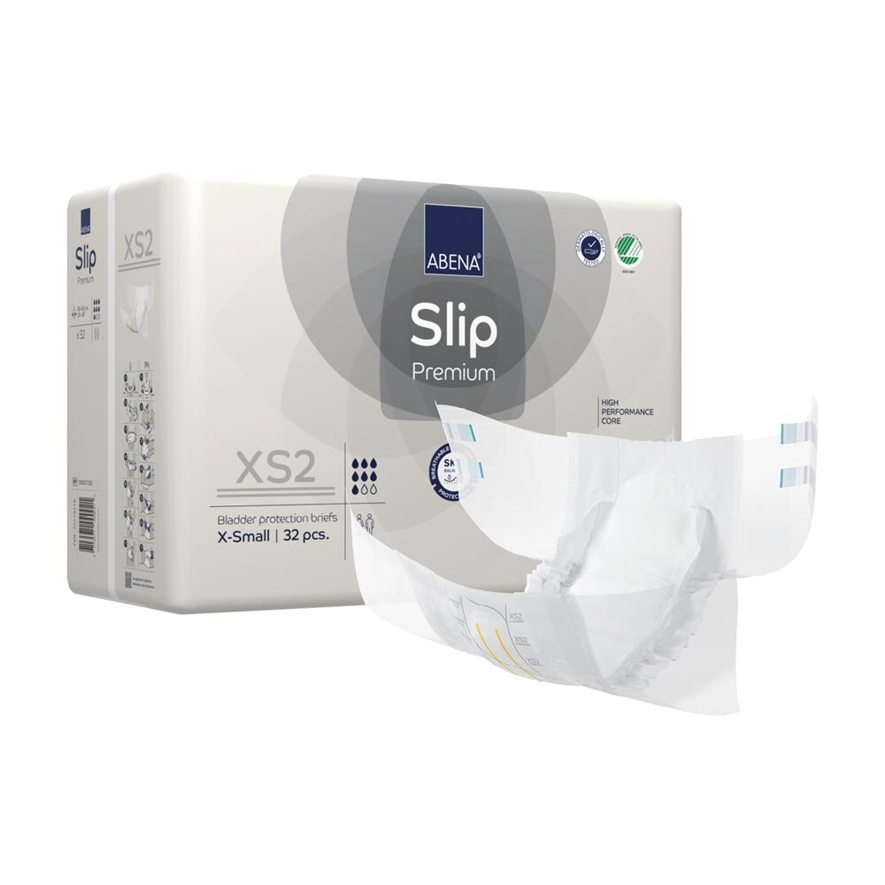 Schrägansicht der Verpackung der Abena Slip Premium XS2 Inkontinenzwindeln mit geöffneter Windel im Vordergrund.