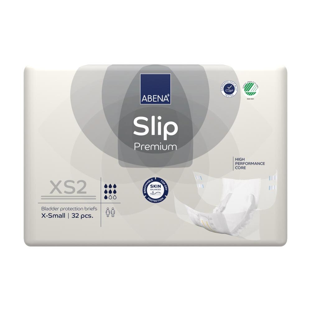 Frontalansicht der Verpackung der Abena Slip Premium XS2 Inkontinenzwindeln mit Produktdetails und Abbildung.