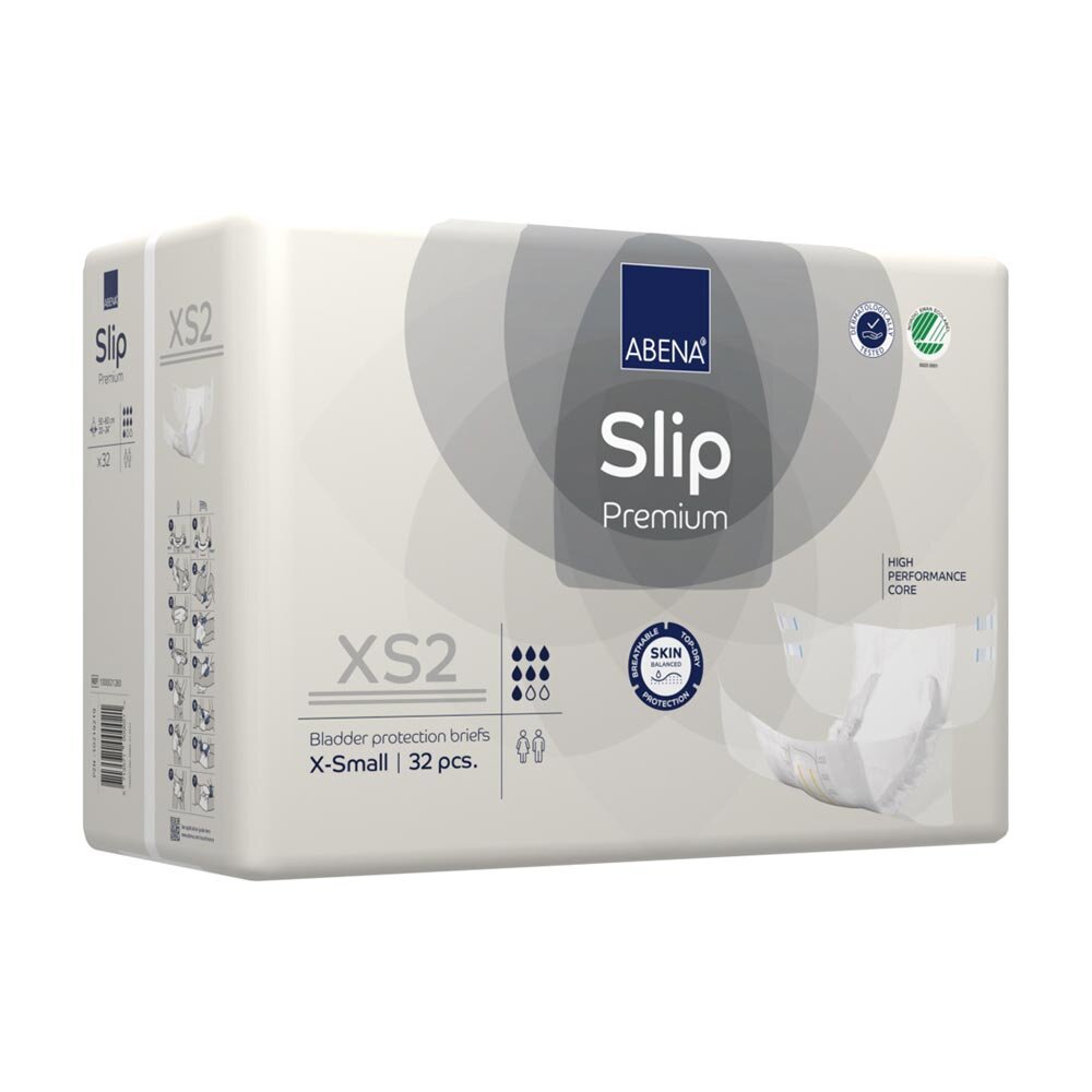 Seitlich-vordere Ansicht der Verpackung der Abena Slip Premium XS2 mit sichtbaren Anwendungshinweisen und Windelabbildung.