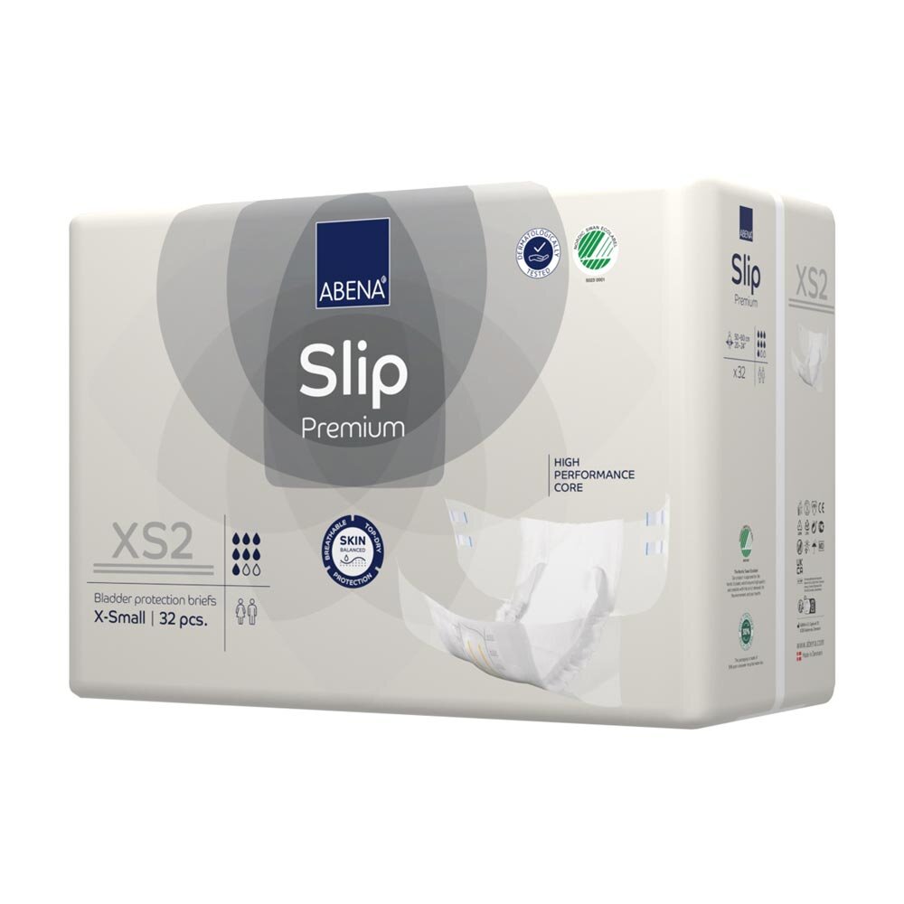 Schräg seitliche Perspektive der Abena Slip Premium XS2 Verpackung mit Produktinformationen und Siegeln.