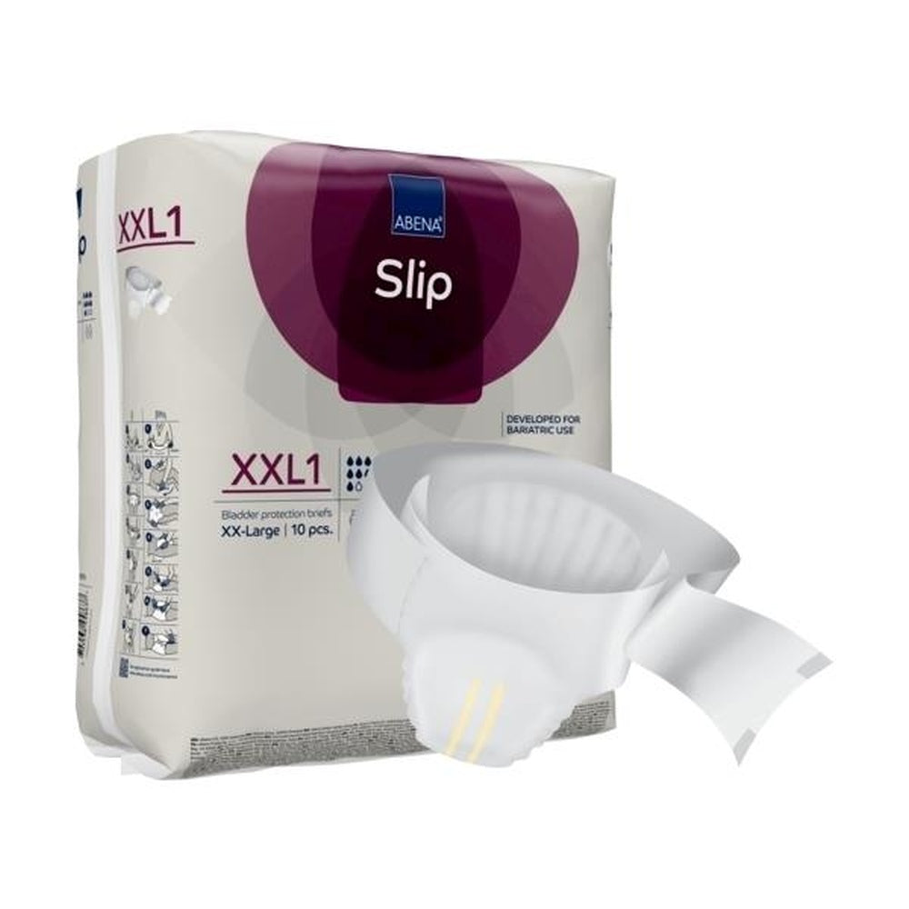 Vorderansicht der Verpackung der Abena Slip Premium Inkontinenzwindel Größe XXL1 mit geöffnetem Produkt im Vordergrund.