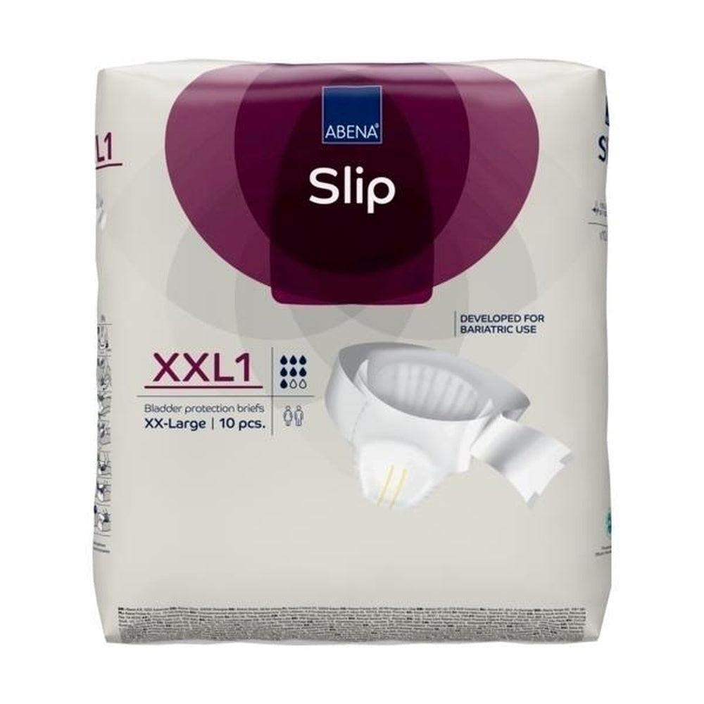 Frontalansicht der geschlossenen Verpackung der Abena Slip Premium Inkontinenzwindel Größe XXL1, zeigt Produktabbildung und Mengenangabe.