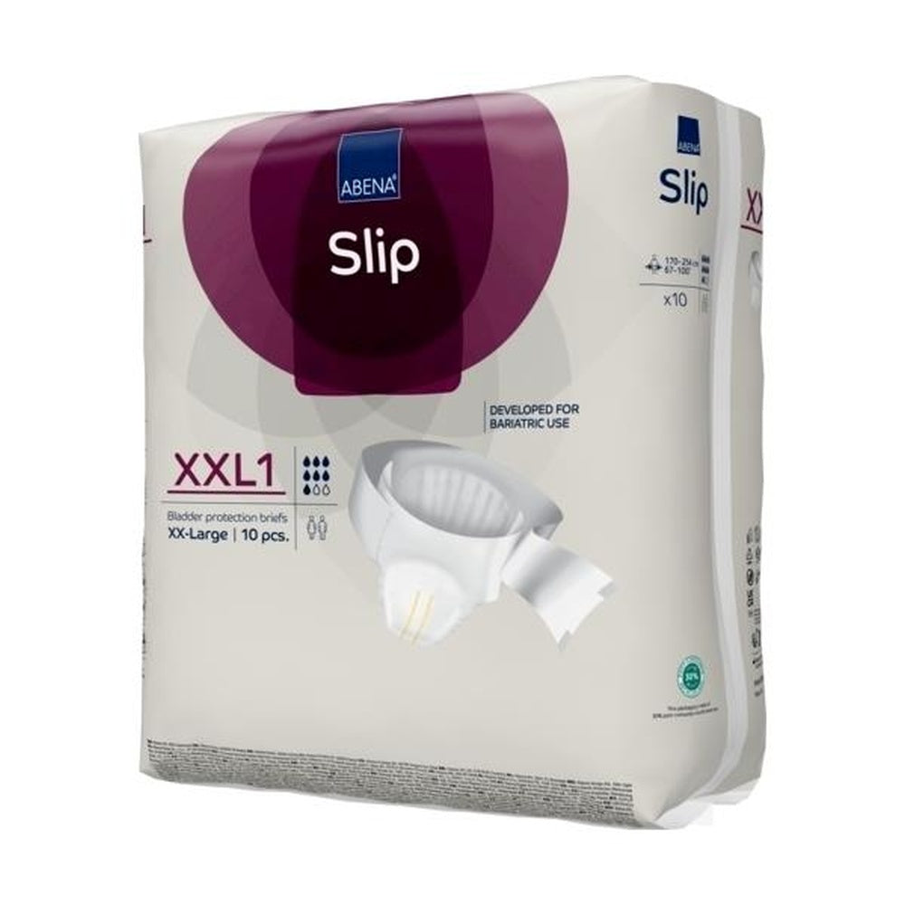 Seitliche Frontansicht der Abena Slip Premium XXL1 Verpackung mit deutlich sichtbarer Produktbezeichnung und Größenangabe.