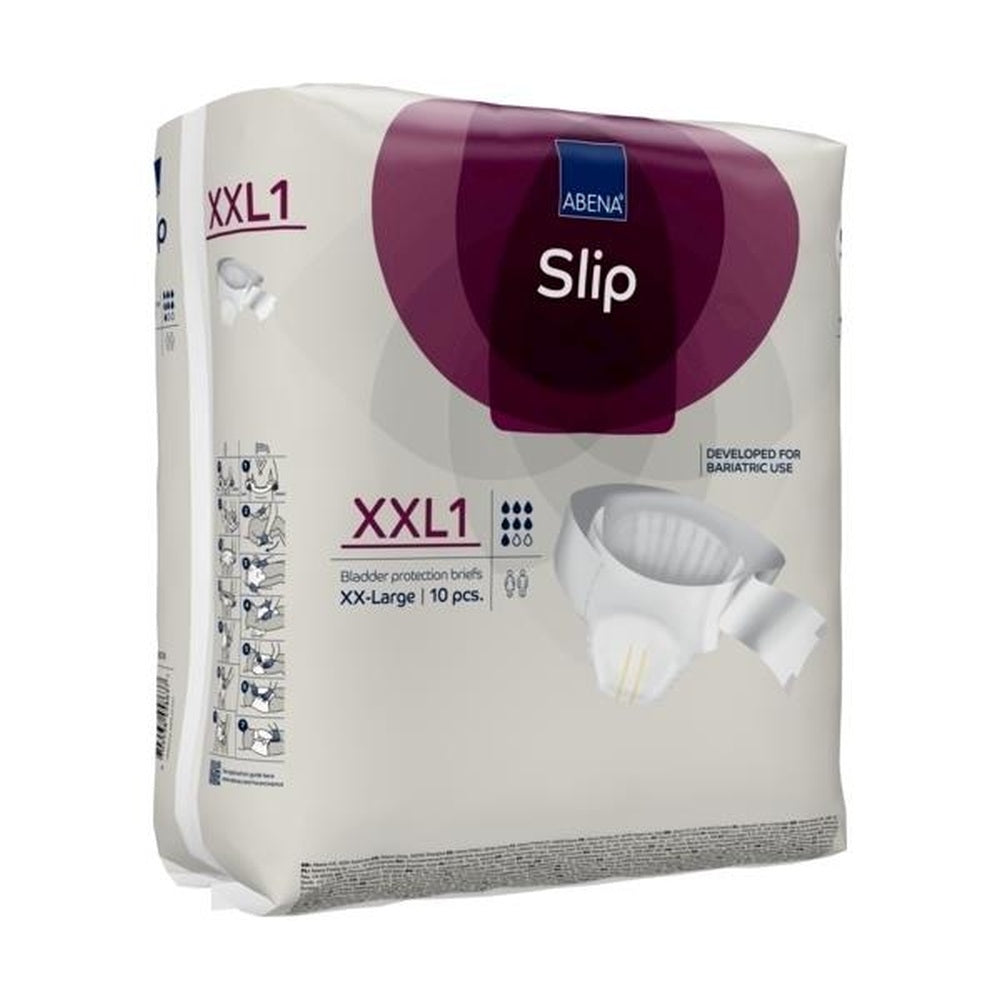 Schrägansicht der Abena Slip Premium Verpackung mit Anwendungshinweisen an der Seite und geöffneter Inkontinenzwindel im Vordergrund.