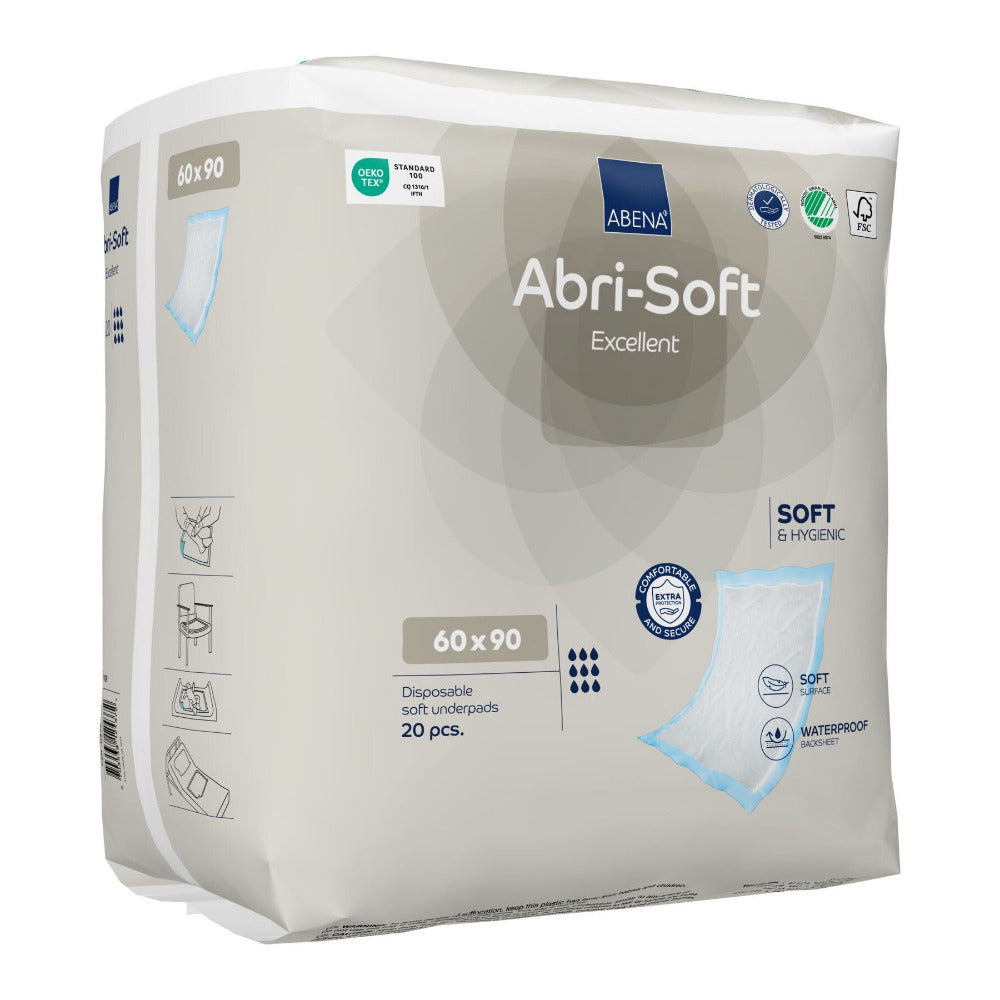 Ein Paket mit Abri-Soft Excellen Unterlagen in der Größe 60 x 90 cm. Die Unterlagen sind in einer sauberen, modernen Verpackung präsentiert, die das Produkt durch eine klare Sichtfensteröffnung zeigt. Die Unterlagen sind in einem hellen Blau gehalten und von einer schlichten, weißen Umrandung umgeben. Auf der Verpackung finden sich vielfältige Informationen, darunter Hinweise zur Nutzung, Materialbeschreibung und die Marke „Abri-Soft“.