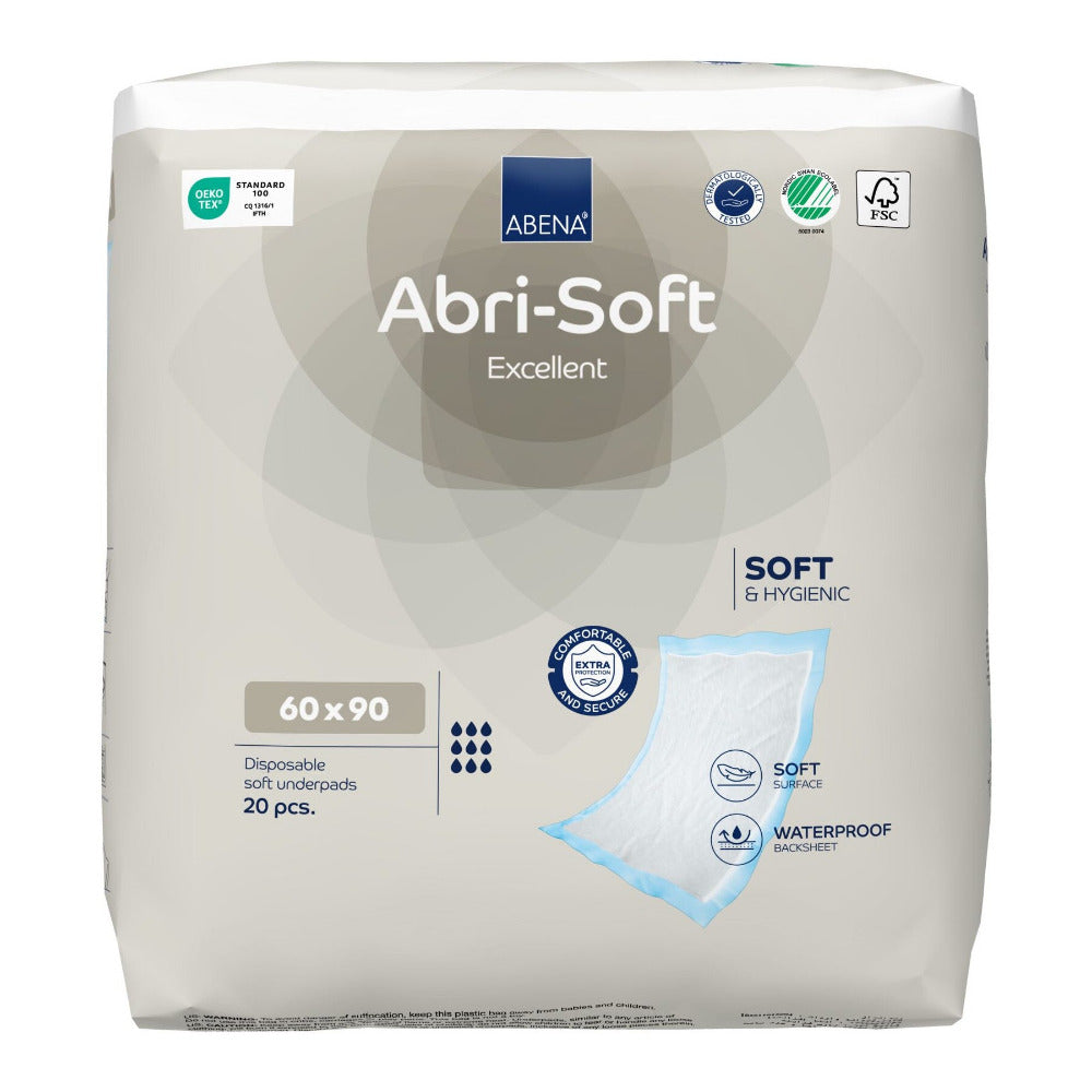 Das Bild zeigt eine Packung mit Abri-Soft Excellen, einer Unterlage in der Größe 60 x 90 cm. Die Packung ist farblich ansprechend und zeigt verschiedene Produktinformationen sowie das Logo des Herstellers. Die Unterlagen sind einzeln verpackt und sind für den Einsatz in der Pflege und medizinischen Bereichen konzipiert. Die Unterlage hat eine saugfähige Oberfläche und ist für den einmaligen Gebrauch gedacht.