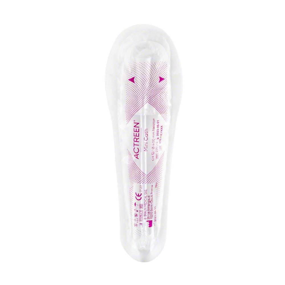 Abbildung eines Actreen Mini-Einmalkatheters für Frauen in der Größe CH 10. Der Katheter ist transparent und hat eine längliche, flexible Form. Die Verpackung ist steril und zeigt eine praktische, benutzerfreundliche Gestaltung. Auf der Vorderseite ist die Marke "Actreen" sowie das Produktmerkmal deutlich zu erkennen. Der Hintergrund ist neutral, was den Fokus auf das Produkt lenkt.