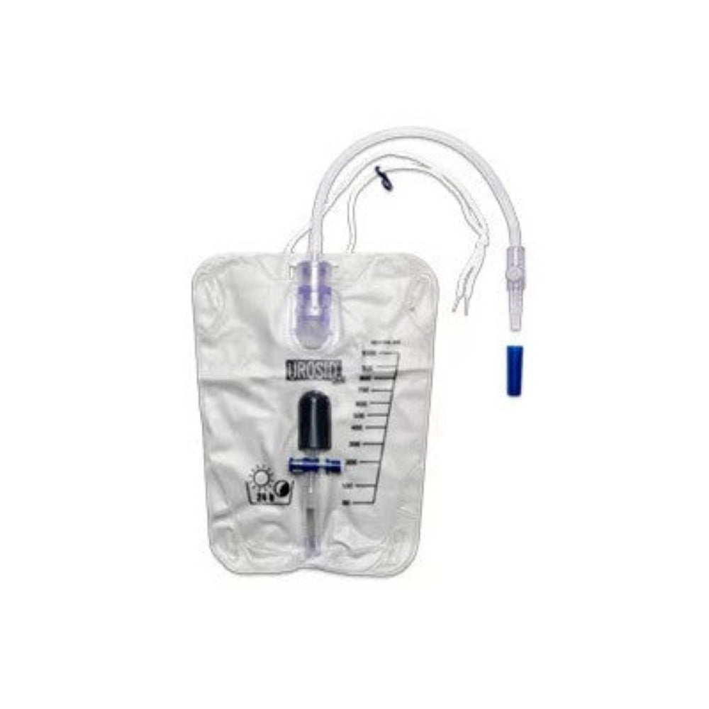 Das Bild zeigt einen intraspinalen Urinbeutel mit einer Kapazität von 1000 ml. Der Beutel ist transparent und hat eine klare, gut lesbare Skala zur Überwachung des Füllstands. An der oberen Seite befindet sich ein Verschluss, der eine hygienische Entleerung ermöglicht. Der angeschlossene Schlauch hat eine Länge von 30 cm und ist klar sichtbar. Der Beutel ist steril verpackt und trägt die Bezeichnung "Asid Bonz Urosid 24h".