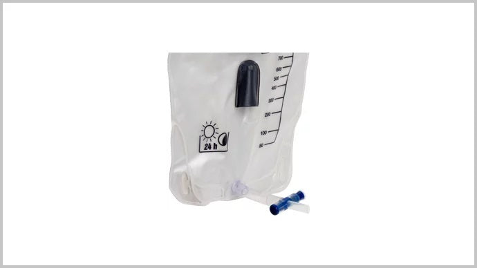 Bild eines steril verpackten Urosacks für die Behandlungsunterstützung, der bis zu 1000 ml Urin sammeln kann. Der transparente Sack zeigt eine klare Skalierung zur einfachen Ablesung des Füllstands. Mit einem gebogenen Auslassschlauch, der eine Länge von 90 cm hat, versehen, ist der Urosack für eine einfache Handhabung konzipiert. Die Verpackung ist sauber und medizinisch ansprechend, ideal für Kliniken oder den persönlichen Einsatz im Gesundheitswesen.