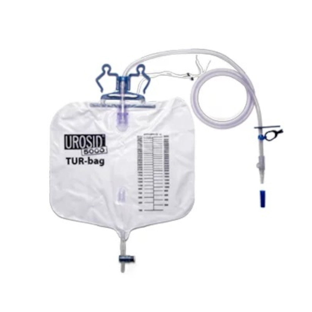 Medizinisches Urindrainagesystem Asid Bonz Urosid 5000 ml, bestehend aus einem transparenten, flexiblen Behälter mit Skala zur genauen Füllstandsanzeige. Der Behälter hat eine große Öffnung für einfaches Entleeren und ist mit einem stabilen Haltegriff ausgestattet. Die Verbindungsschläuche sind sicher und hygienisch an den Behälter angeschlossen. Das Produkt ist für den einmaligen Gebrauch konzipiert und eignet sich für die Bedürfniisse von Patienten, die eine sichere und effektive Urinableitung benötigen.