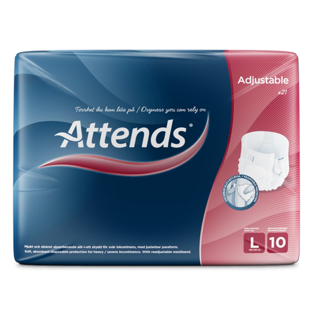 Das Bild zeigt eine Packung mit Attends Adjustable 10 Inkontinenzslips in der Größe Large. Die Verpackung ist hauptsächlich in Blautönen gehalten und zeigt das Produkt klar und deutlich. Oben links befindet sich das Logo "Attends", gefolgt von der Produktbezeichnung „Adjustable 10“. In der Mitte ist ein Bild des Inkontinenzslips zu sehen, das seine verstellbaren Eigenschaften hervorhebt. Unten sind Informationen zur Größe und zur Anzahl der enthaltenen Slips aufgedruckt.