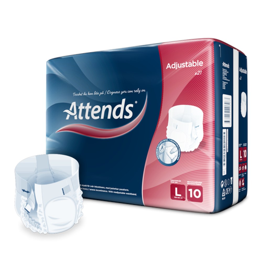 Attends Adjustable 10 große Inkontinenzslips in weißer Ausführung, präsentiert auf einem neutralen Hintergrund. Die Slips sind in einer transparenten Verpackung, die die Form und Struktur der Produkte gut sichtbar macht. Von oben sind die elastischen Seitenbündchen und der auslaufsichere Schutz zu erkennen, was auf hohe Funktionalität hinweist. Ein auffälliges, stilisiertes Logo von Attends ist in einer Ecke sichtbar.