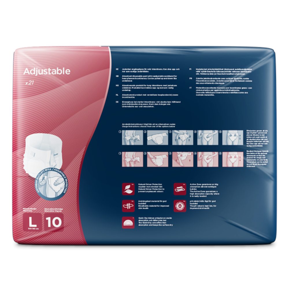 Ein Paket mit "Attends Adjustable 10" großen Inkontinenzslips in einer weißen Verpackung. Die Vorderseite zeigt das Produktlogo und Informationen zur Größe. Die Verpackung ist transparent, sodass einige der Slips sichtbar sind. Die Slips sind weiß und verfügen über seitliche Klettverschlüsse für eine individuelle Anpassung. Im Hintergrund ist ein neutraler, hellweißer Untergrund, der das Produkt hervorhebt.