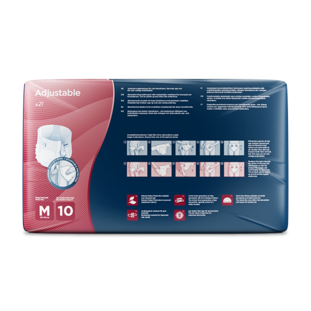 Weißer Inkontinenzslip für Erwachsene, geformt und angepasst für sicheren Sitz und Komfort. Der Slip zeigt eine elastische Taille und seitliche Klettverschlüsse, die eine Anpassung an verschiedene Körpergrößen ermöglichen. Die oberste Schicht ist weich und atmungsaktiv, während die innere Schicht Feuchtigkeit absorbiert und ein Gefühl von Trockenheit vermittelt. Auf dem Slip sind keine auffälligen Muster oder Marken sichtbar, wodurch er diskret unter der Kleidung getragen werden kann.