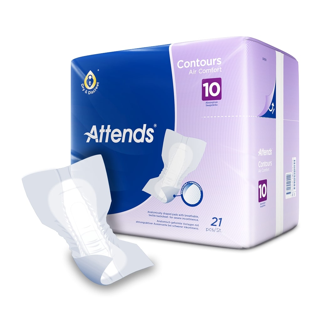 Alt-Text: Das Bild zeigt eine Packung mit Attends Contours Air Comfort 10 Inkontinenzvorlagen. Die Verpackung ist in einem modernen, ansprechenden Design gehalten und zeigt das Produkt in einer stilvollen Darstellung. Die Vorlagen sind in einer hellen, freundlichen Farbe abgebildet, um ihre Weichheit und Bequemlichkeit zu betonen. Im Hintergrund sind sanfte Farben zu sehen, die eine beruhigende Atmosphäre schaffen.