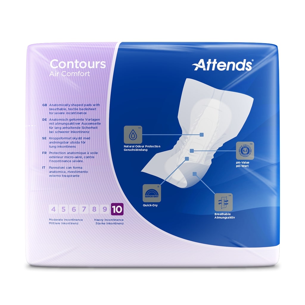 Attends Contours Air Komfort 10 Vorlagen in einer Packung. Die Vorlage ist prominent in der Mitte des Bildes abgebildet und zeigt eine sanfte, ergonomische Form mit einer hellen, weißen Farbe. Diese Einlage ist speziell für Inkontinenz entwickelt und weist eine hohe Saugfähigkeit auf. Im Hintergrund ist eine neutrale, leicht texturierte Oberfläche zu sehen. Die Packung ist an der oberen rechten Ecke teilweise sichtbar.