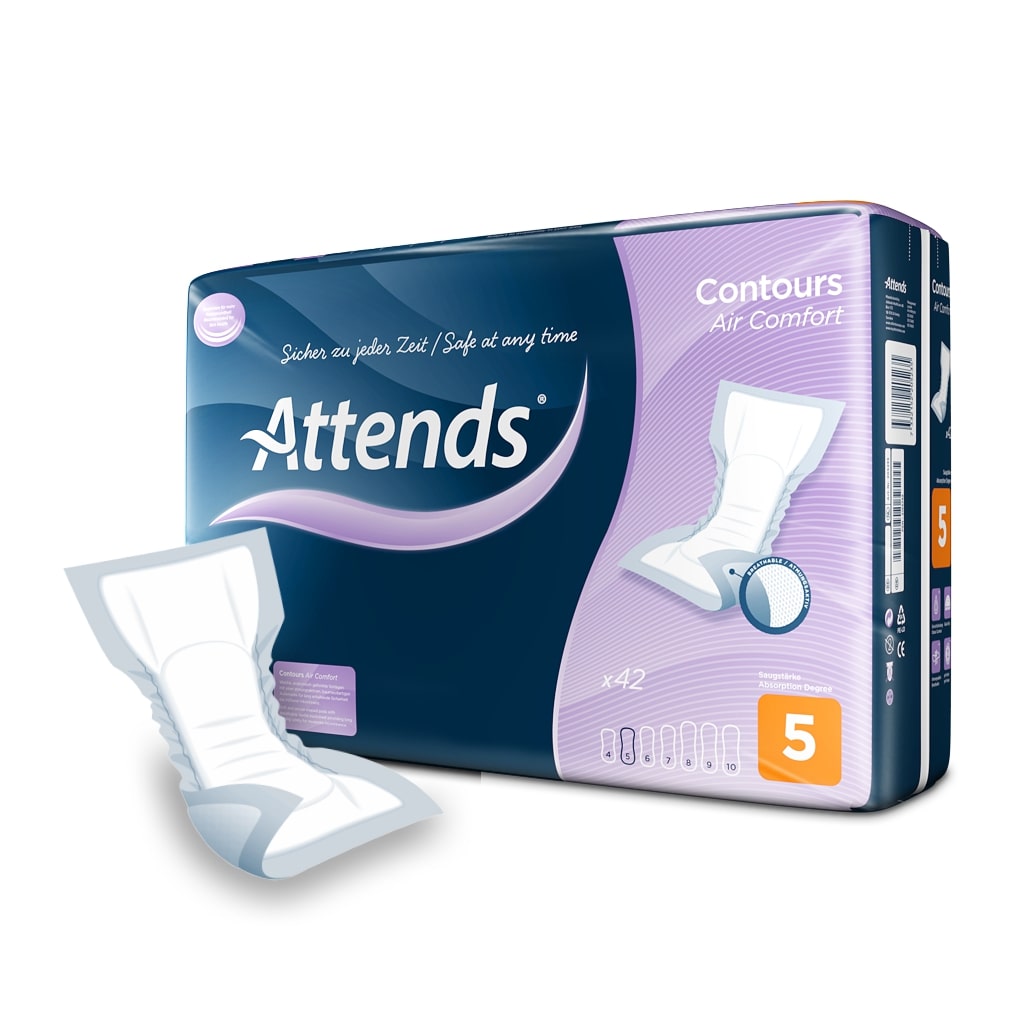 Attends Contours Air Comfort 5 Vorlagen-Produktbild: Das Bild zeigt eine Packung mit weißen, atmungsaktiven Inkontinenzhilfen, die in einer horizontalen Anordnung präsentiert sind. Die Vorlagen sind sanft gefaltet und zeigen eine strukturierte Oberfläche für optimalen Komfort. Im Hintergrund ist ein sanfter, heller Farbverlauf, der die Vorlagen hervorhebt. Das Verpackungsdesign ist simpel und übersichtlich, mit einem klaren Schriftzug für die Produktbezeichnung.