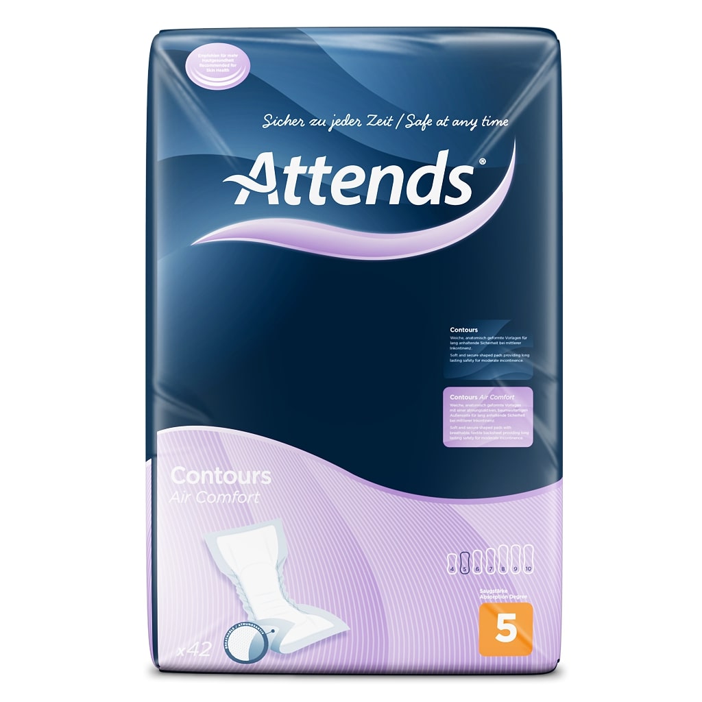 Alt-Text: Das Produktbild zeigt mehrere Packungen der Attends Contours Air Comfort 5 Inkontinenzvorlagen. Diese sind in einer ansprechenden, einheitlichen Präsentation angeordnet, wobei die Vorderseite der Verpackungen gut sichtbar ist. Die Verpackungen haben ein ansprechendes Design in Blau- und Grüntönen, welches das Produkt hervorhebt. Im Hintergrund ist eine neutrale, helle Oberfläche zu erkennen.