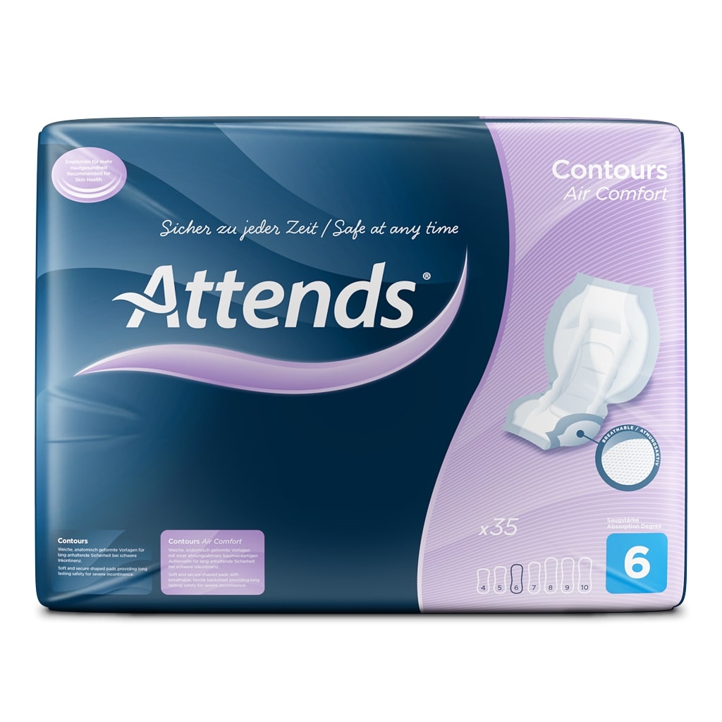 Ein Paket mit Attends Contours Air Comfort 6 Vorlagen für Inkontinenzprodukte steht auf einem weißen Hintergrund. Die Vorderseite der Verpackung zeigt eine blau-weiße Farbgestaltung mit Bildern der Vorlage und Informationen über die Produktmerkmale wie Saugfähigkeit und Komfort. Oben links befindet sich das Logo von Attends, während in der Mitte der Produktname gut lesbar hervorgehoben ist. Am unteren Rand sind zusätzliche Details wie die Größe und Anzahl der Vorlagen abgebildet.
