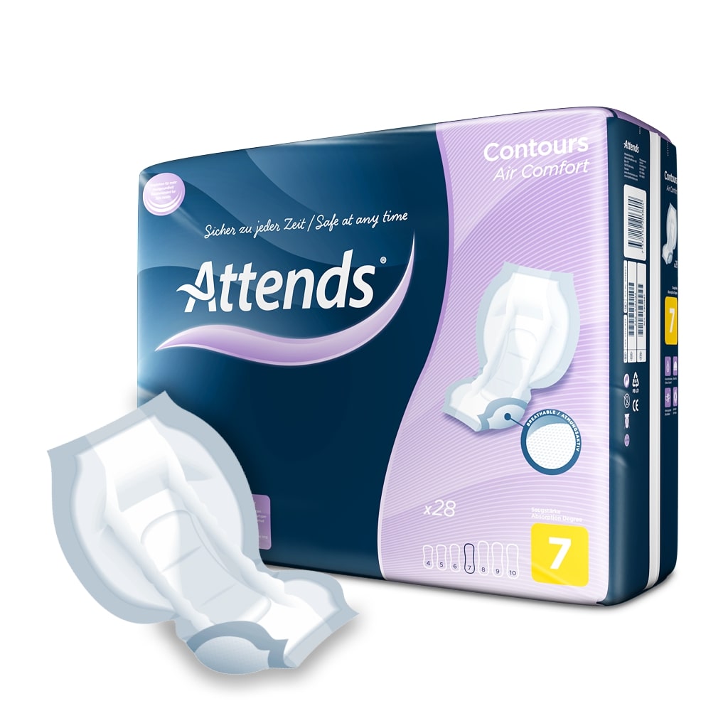 Alt-Text: Das Bild zeigt eine Packung der Attends Contours Air Comfort 7 Inkontinenzvorlagen. Die Verpackung ist farbenfroh gestaltet, mit hellblauen und weißen Elementen. Auf der Vorderseite sind Abbildungen der Vorlagen, die eine anatomisch angepasste Form darstellen, sowie Symbole für Atmungsaktivität und Komfort. Oben rechts sind die Produktbezeichnung und die Größe "M" angegeben. Im Hintergrund ist ein sanfter, einfarbiger Hintergrund zu sehen, der das Produkt ins Rampenlicht setzt.