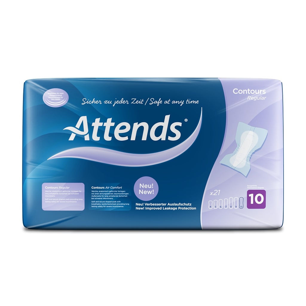 Bild eines Produkts, das mehrere Packungen mit Inkontinenzvorlagen von Attends zeigt. Jede Packung ist in einem einheitlichen Design gehalten, geprägt von einer sanften Farbpalette, die hauptsächlich aus Blau- und Grautönen besteht. Auf den Verpackungen sind Produktinformationen und Hinweise zur Anwendung deutlich abgedruckt. Die Vorlagen innerhalb der Packungen sind diskret und angenehm gestaltet.