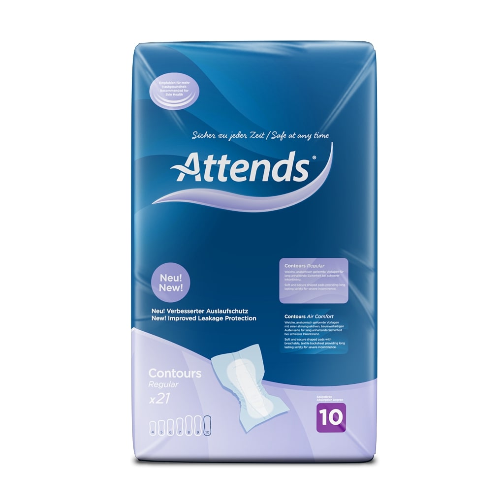 Bildbeschreibung: Das Bild zeigt eine Packung mit Attends Contours Regular 10 Vorlagen. Die Verpackung ist in einem ansprechenden Design gehalten, mit einem hellblauen Hintergrund und einem abgerundeten, weißen Rand. Auf der Vorderseite sind die Produktbezeichnung und die Größe gut lesbar in großen, klaren Buchstaben abgedruckt. Die Vorlagen selbst sind teilweise sichtbar, sie sind in einer sanften, neutralen Farbe gehalten und wirken dünn und flexibel.
