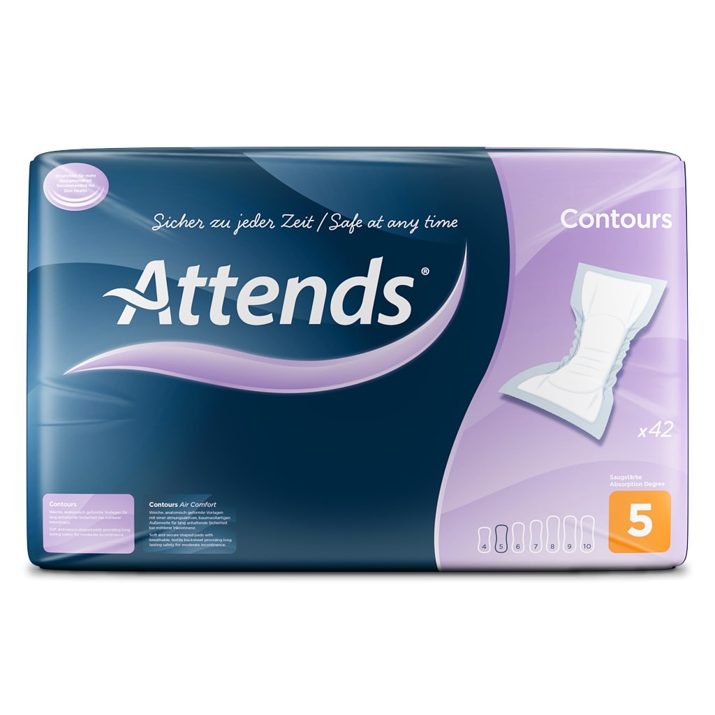 Das Produktbild zeigt eine Packung von Attends Contours Regular Inkontinenz-Pads. Die Packung ist blau und weiß, mit einem klaren, ansprechenden Design und dem Markenlogo prominent an der Vorderseite. Die Vorderansicht der Packung zeigt die Größe 5 und hebt die Saugfähigkeit hervor. Im Hintergrund ist ein sanfter Farbverlauf in Hellblau zu sehen, der die Bildkomposition ergänzt. Diese Pads sind für den diskreten und zuverlässigen Schutz konzipiert, was durch die abgebildeten Icons verdeutlicht wird.