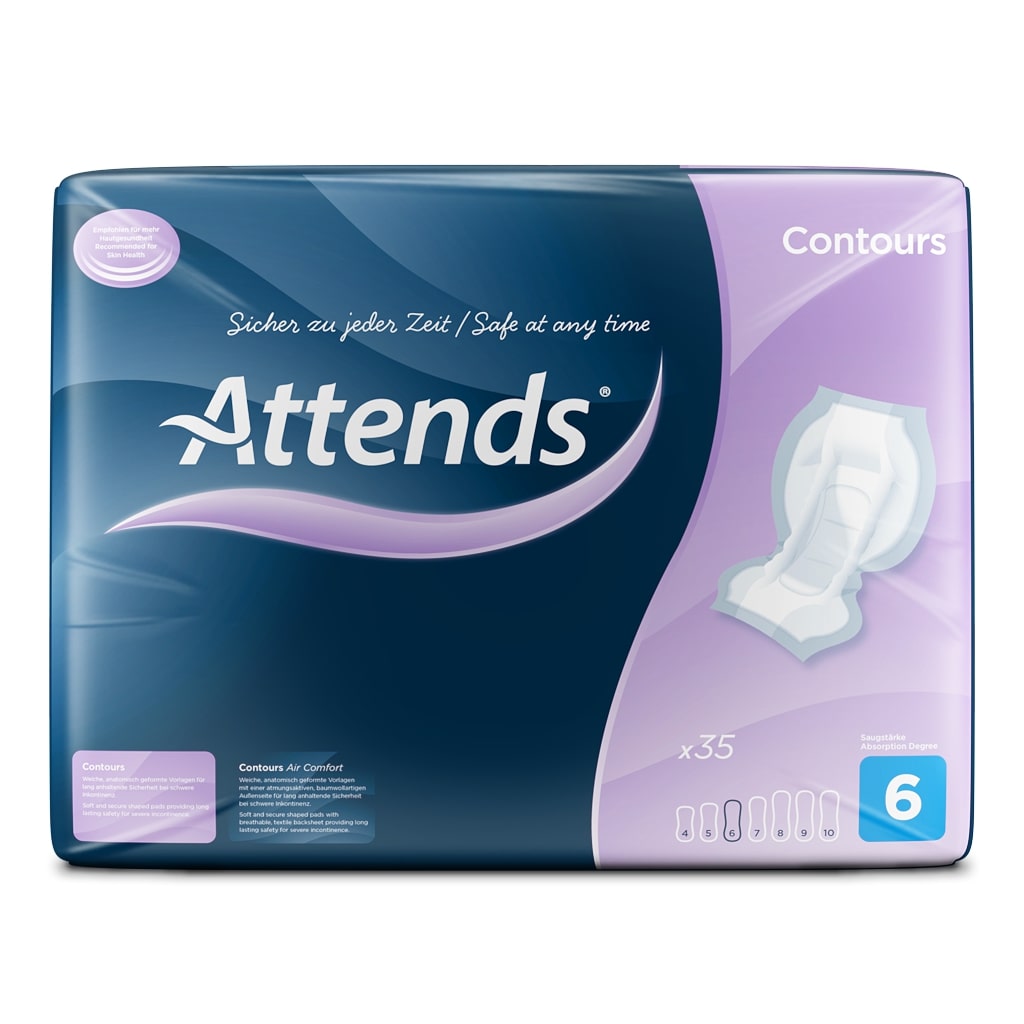 Das Bild zeigt eine Packung der Attends Contours Regular Inkontinenzprodukte, die für einen sicheren und bequemen Sitz sorgen. Die Packung ist gelb und trägt das Produktlogo in der oberen linken Ecke. Im Vordergrund sind die einzelnen Einlagen sichtbar, die eine anatomische Form haben und auf einem blauen Hintergrund platziert sind. Die Einlagen sind in unterschiedlichen Größen abgebildet, um die Vielfalt der Optionen zu verdeutlichen.