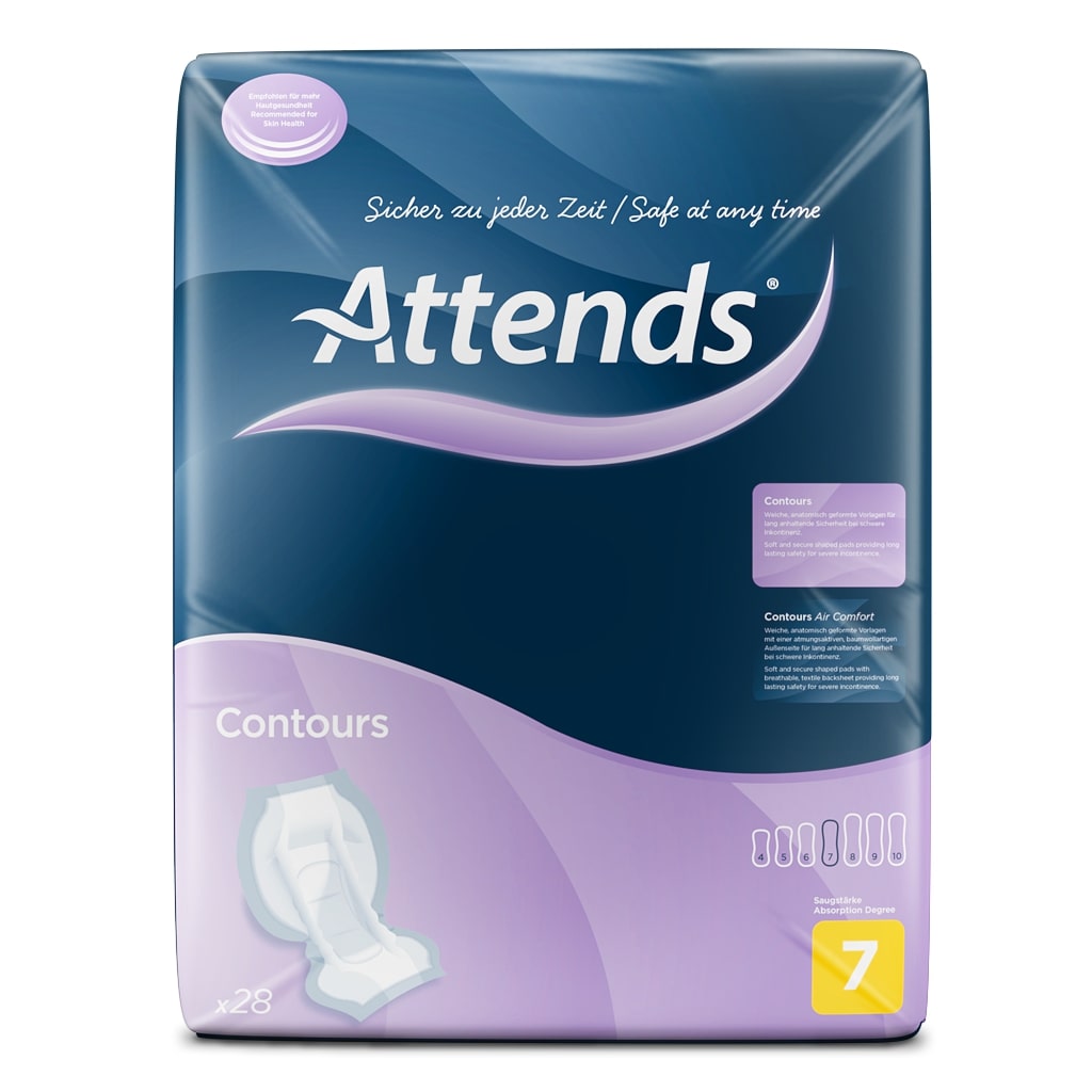 Alt-Text: Eine Verpackung von Attends Contours Regular 7, die Inkontinenzprodukte für Erwachsene darstellt. Die Box ist hauptsächlich in einem hellblauen Farbton gehalten und zeigt einen weißen Hintergrund mit grünen und blauen Designelementen. Auf der Vorderseite sind große, gut lesbare weiße Schriftzüge zu sehen, die das Produkt und seine Eigenschaften beschreiben. Etiketten und Piktogramme geben zusätzliche Informationen zu den Anwendungsmöglichkeiten.