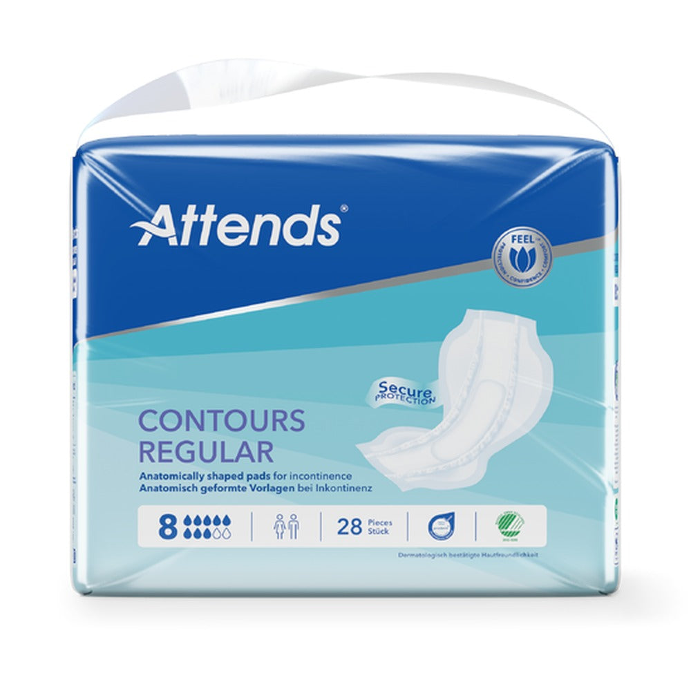 Attends Contours Regular 8 anatomisch geformte Inkontinenzvorlage, Frontansicht Packung 28 Stück