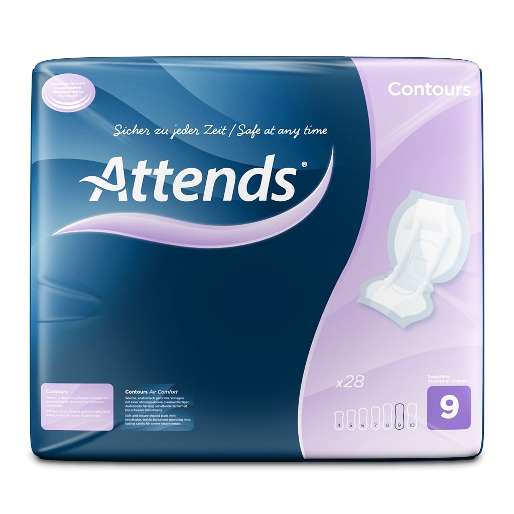 Bild eines Produkts, das eine Packung mit orangefarbenen Attends Contours Regular 9 Vorlagen zeigt. Die Vorlagen sind für die Inkontinenzversorgung konzipiert und bieten eine anatomisch angepasste Form für hohen Komfort. Die Tasche ist auf der Vorderseite mit klaren Informationen über Größe, Saugfähigkeit und Verwendungsmöglichkeiten bedruckt. Im Hintergrund ist ein sanfter Farbverlauf zu sehen, der das Produkt hervorhebt.