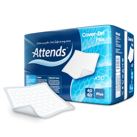 Das Bild zeigt eine Packung mit Attends Dri Plus 40 x 60 cm Schutzauflagen. Die Auflagen sind in einer transparenten Verpackung zu sehen, die das Produkt auf einem weißen Hintergrund präsentiert. Auf der Vorderseite der Packung ist der Produktname "Attends Dri Plus" sowie die Maße "40 x 60 cm" deutlich abgedruckt. Die Auflagen selbst sind für Sicherheit und Komfort konzipiert und bieten eine hohe Saugfähigkeit.