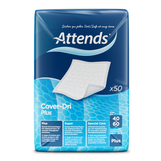 Produktbild einer Attends DRI Plus Schutzauflage, Größe 40 x 60 cm. Die Auflage ist in einem transparenten, hygienischen Plastik verpackt. Sie hat eine weiche, blaue Oberseite, die für Komfort und Saugfähigkeit sorgt. Die Unterseite ist wasserundurchlässig, um den Untergrund zu schützen. An den Ecken sind kleine, orangefarbene Beschriftungen sichtbar, die auf die Funktionen hinweisen. Das Design ist durch die klare Verpackung gut sichtbar.