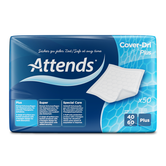 Auf dem Bild ist eine Ansichtsfläche der Attends Dri Plus Schutzauflage zu sehen, die in einem klaren, weißen Design präsentiert wird. Die Auflage misst 40 x 60 cm und ist für den Einsatz in Betten oder auf anderen Oberflächen konzipiert, um vor Flüssigkeiten zu schützen. Die Oberfläche wirkt weich und angenehm, während die untere Schicht eine wasserdichte Barriere bietet. In der oberen linken Ecke ist das Attends-Logo sichtbar. Der Hintergrund ist neutral gehalten, um die Produktdetails hervorzuheben.