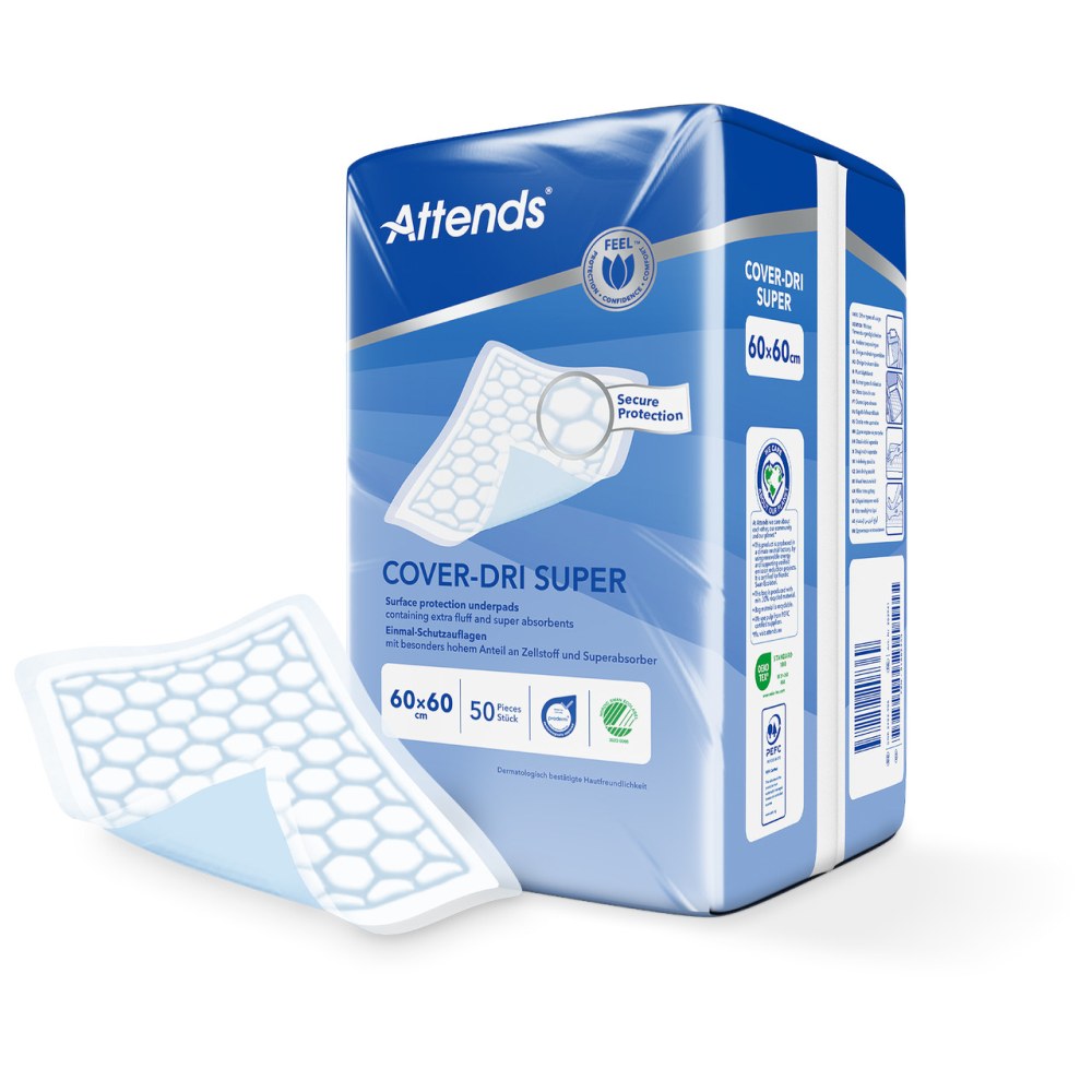Weiße Schutzauflage mit einer Größe von 60 x 60 cm, die auf einem neutralen Hintergrund liegt. Die Oberfläche ist leicht strukturiert, was auf die hohe Saugfähigkeit hinweist. In der oberen linken Ecke ist der Produktname "Attends Cover Dri Plus" gut lesbar, gefolgt von den wichtigsten Eigenschaften in kleinerer Schrift. Die Verpackung der Auflage ist klar und ansprechend gestaltet, wodurch die Funktionalität und Verwendbarkeit des Produkts hervorgehoben werden.